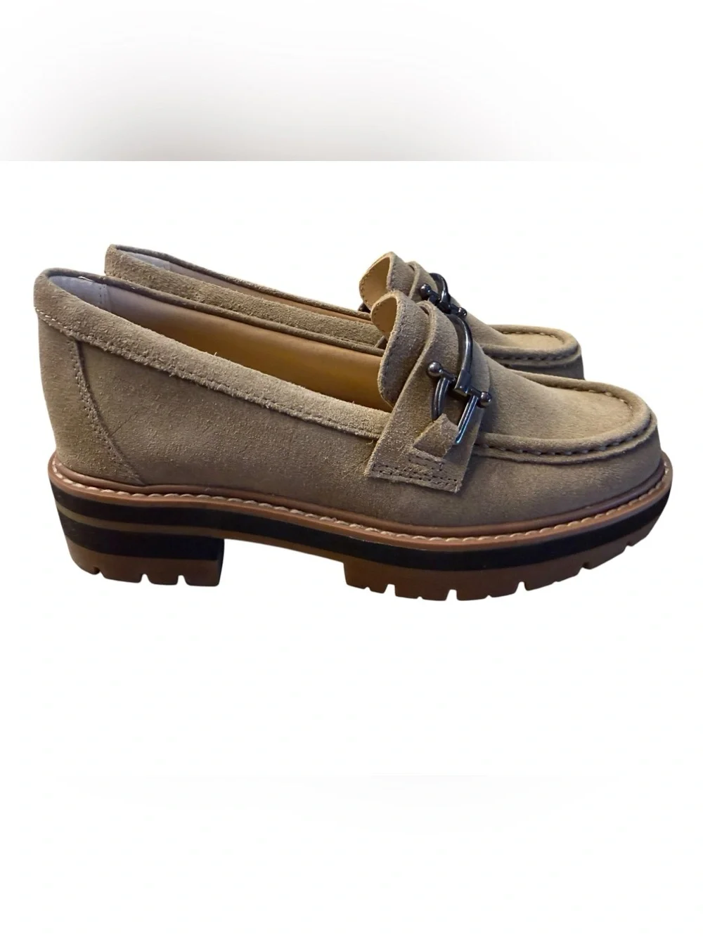 Clark’s Taupe Suede Women's Size 6 Lug Sole Loafers with Metal Bit